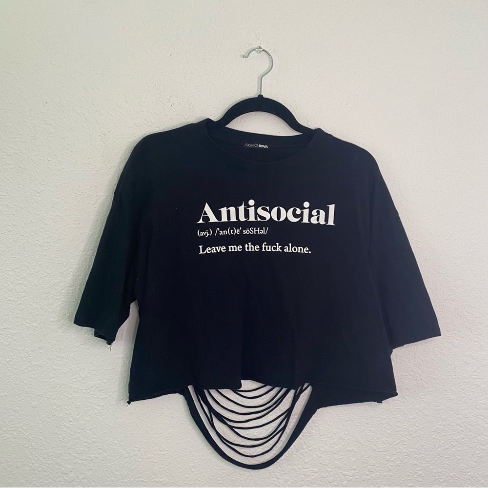 Fashion Nova Black Crop Top Anti Social Distrissed Open Back Women’s Size Large